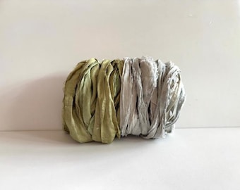 10 Yards Recycled Sari Silk Ribbon - Sari Silk Ribbon, Sage & Light Blue Gray, 5 Yards Each Color