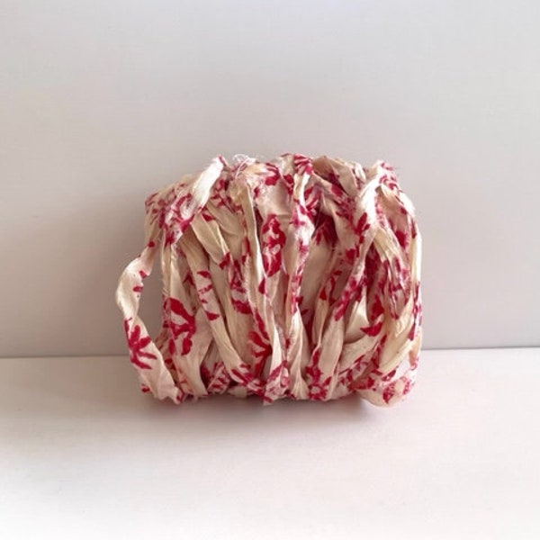 Recycled Silk Sari Ribbon -  Printed Sari Silk Ribbon - Red Flower Print, 12 Yards THIN WIDTH