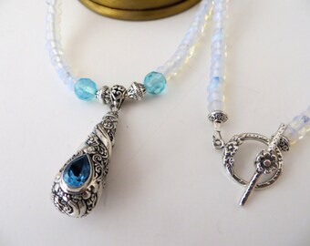 Blue Topaz Pendant Necklace - Opalite Necklace - Bali Silver Pendant