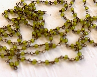 Green Seed Bead Link Chain - 3mm Rosary Chain Beads - 50" Brass & Green Glass Bead Chain - jewelry Supply