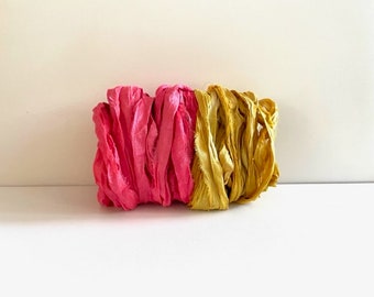 Recycled Sari Silk Ribbon - Sari Silk Ribbon - Salmon & Goldenrod, 5 Yds Each, 10 Yds Total