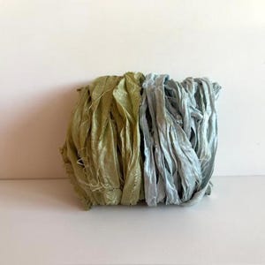 10 Yards Recycled Sari Silk Ribbon - Sari Silk Ribbon, Sage & Light Blue, 5 Yards Each Color