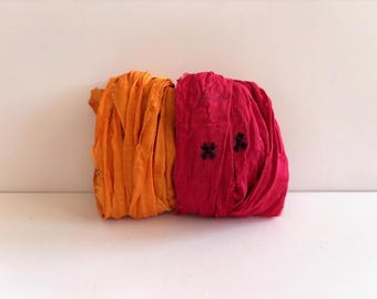 Sari-Seidenband - Recyceltes Sari-Seidenband - Rot mit Stickerei & Mandarine, 5 Meter pro Farbe, 10 Meter insgesamt