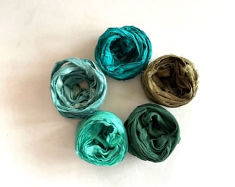 5 Color Sari Silk Sampler - Recycled Multi Sari Ribbon - Teal and Green, 2 Yds Each, 10 Yds Total