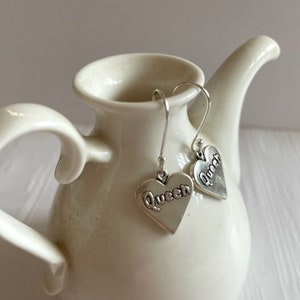 Sterling &quot;Queen&quot; Heart Earrings - Sterling Silver Drop Earrings - Heart Queen Earrings