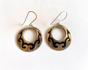 Vintage Sterling Earrings with Inlay - Silver With Black Inlay Earrings - Vintage Jewelry
