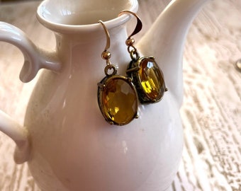 5.00 Dollar Earrings - Amber-Colored Glass Crystal Drop Earrings