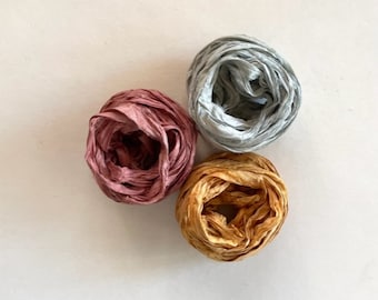 15 Yards Sari Silk Ribbon - Recycled Sari Silk Ribbon - Mauve, Blue Gray & Gold, 5 Yards Each Color