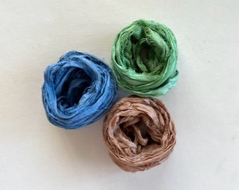 Recycled Silk Sari Ribbon - Sari Silk Ribbon Yardage - Blue, Green, Mauve, 5 Yds Each, 15 Yds Total