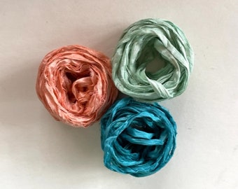 Recycled Sari Silk Ribbon - Sari Silk Ribbon - Peach, Seafoam & Ocean Blue - 5 Yards Each, 15 Yards Total