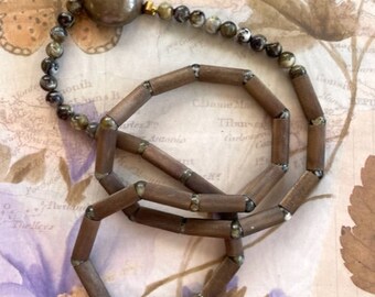 Vintage Brass and Jasper Necklace - Vintage Long Statement Necklace - Vintage Jewelry