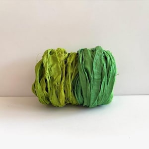 Sari Silk Ribbon - Recycled Sari Silk Ribbon - Leaf and Green, 5 Yards Each, 10 Yards Total