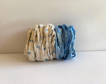 Sari Silk Ribbon - Recycled Sari Silk Ribbon - Blue & Antique White With Blue Dots, 5 Yds Each, 10 Yds Total