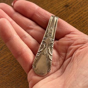 May include: A silver spoon head with ornate floral and scrollwork detailing. The spoon's design features a central floral motif and symmetrical patterns. The spoon is held in a hand, showcasing its size and intricate craftsmanship.