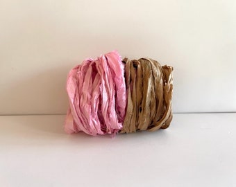 Silk Sari Ribbon - Recycled Sari Silk Ribbon - Pink & Khaki, 5 Yds Each, 10 Yds Total