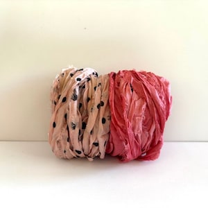 Sari Silk Ribbon Yardage - Recycled Sari Silk Ribbon - Pink Dot & Rose, 5 Yds Each Color, 10 Yds Total