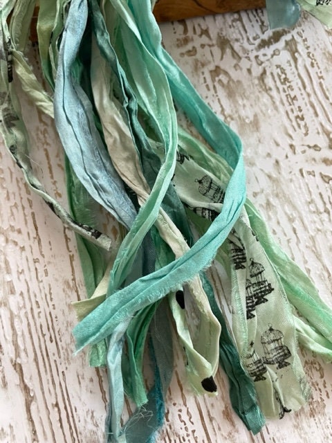 Green Mix Sari Silk Ribbon Strips Recycled Sari Silk Ribbon Strips for  Tassels Shades of Green Sari Silk Printed Ribbon 