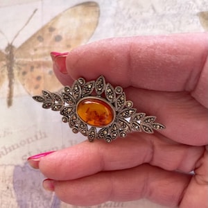 Vintage Marcasite & Amber Pin - Sterling Silver Marcasite Pin - Sterling Marcasite and Amber Brooch