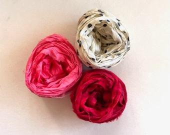15 Yards Sari Silk Ribbon - Recycled Sari Silk Ribbon - Salmon, Dot, Dark Red, 5 Yards Each Color