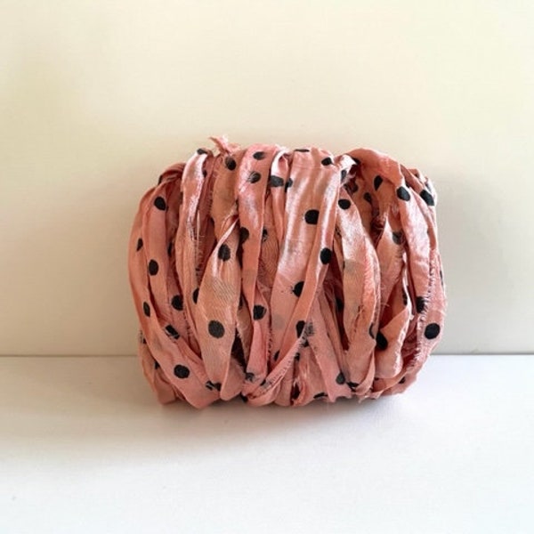 10 Yards Sari Silk Ribbon- Recycled Sari Silk Ribbon - Warm Pink Polka Dot, 10 Yards