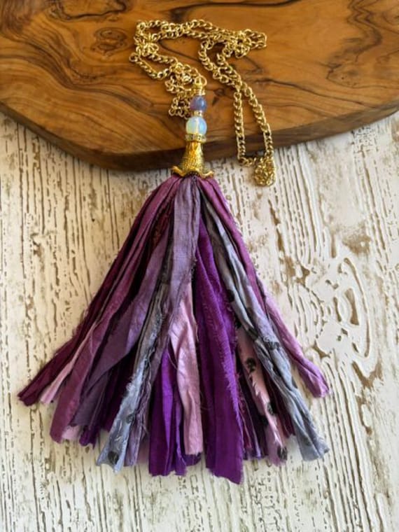 Recycled Sari Silk Tassel Necklace - Shades of Purple Tassel - Boho Tassel Jewelry