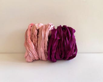 Różowa i magenta wstążka do sari – jedwabna wstążka z recyklingu – 5 jardów każda, łącznie 10 jardów