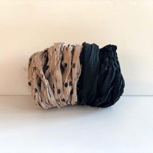 Sari Silk Ribbon Yardage - Recycled Sari Silk Ribbon - Mushroom Dot & Black, 5 Yds Each Color, 10 Yds Total