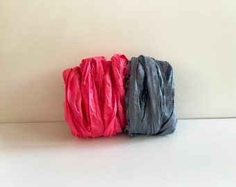 Sari Silk Ribbon - Recycled Sari Silk Ribbon - Salmon and Charcoal, 5 Yards Each, 10 Yards Total
