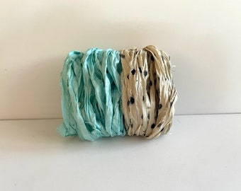 Sari Silk Ribbon - Recycled Sari Silk Ribbon - Aqua and Sand Dot, 5 Yards Each, 10 Yards Total, Lot C