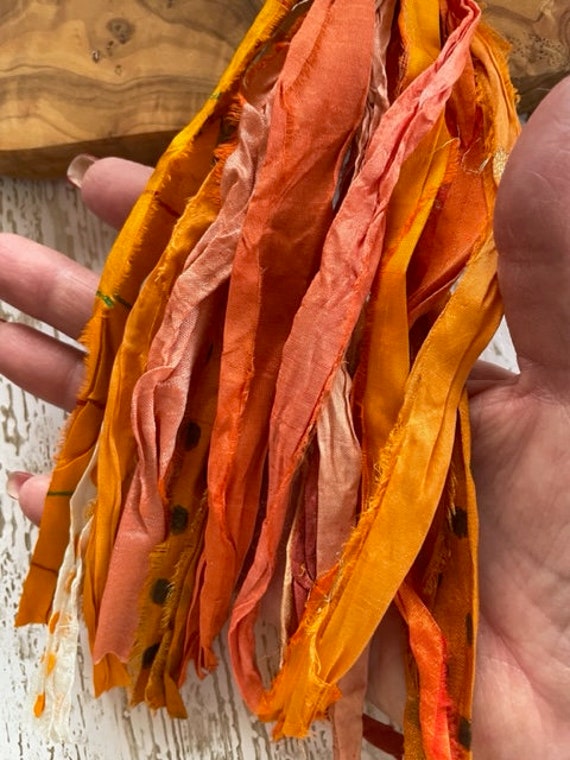 Orange Sari Silk Ribbon Strips Recycled Sari Silk Ribbon Strips for Tassels  Shades of Orange Sari Silk Printed Ribbon 