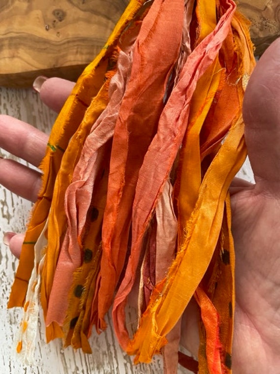 Orange Sari Silk Ribbon Strips Recycled Sari Silk Ribbon Strips