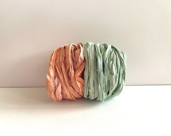 Sari Silk Ribbon - Recycled Sari Silk Ribbon - Peach & Seafoam, 5 Yards Each, 10 Yards Total