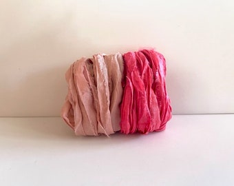 Sari Silk Ribbon - Recycled Sari Silk Ribbon - Buff & Salmon, 5 Yards Each, 10 Yards Total