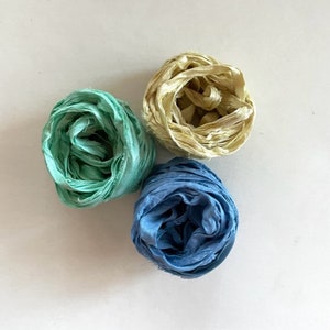 Sari Silk Ribbon Recycled Sari Silk Ribbon Aqua, Butter, Blue, 5 Yds Each, 15 Yds Total image 1