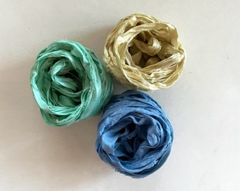 Sari Silk Ribbon - Recycled Sari Silk Ribbon - Aqua, Butter, Blue, 5 Yds Each, 15 Yds Total