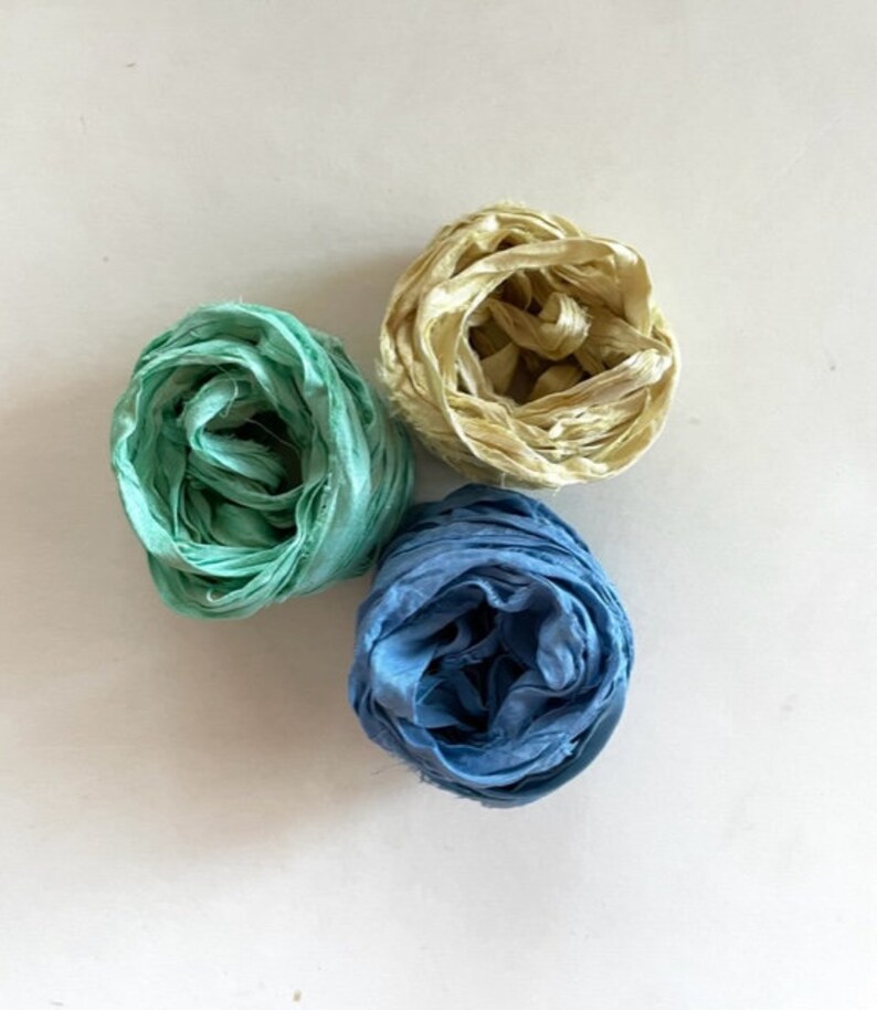 Sari Silk Ribbon Recycled Sari Silk Ribbon Aqua, Butter, Blue, 5 Yds Each, 15 Yds Total image 1