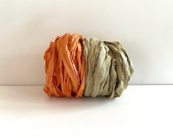 Sari Silk Ribbon - Recycled Sari Silk Ribbon - Terra Cotta & Sage Green, 5 Yards Each, 10 Yards Total