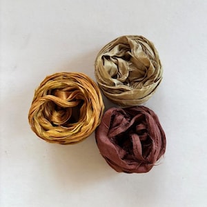 Sari Silk Ribbon - Recycled Sari Silk Ribbon - Gold, Khaki & Brown -  5 Yds Each, 15 Yds Total