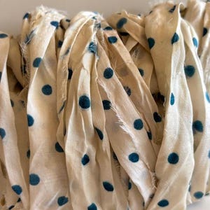 Recycled Sari Silk Ribbon - Sari Silk Ribbon Yardage - Antique White With Blue Dots, 10 Yds - Dot Sari Silk Ribbon
