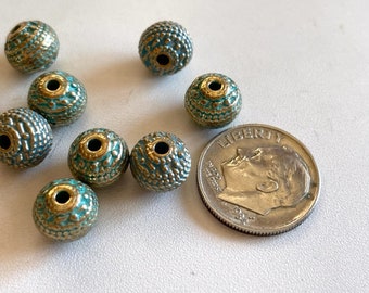 8mm Patina Beads - (10) Gold Pewter Beads With Blue Patina - Beading Supplies