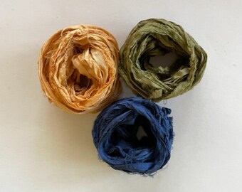 Sari Silk Ribbon - Recycled Sari Silk Ribbon - Bright Gold, Olive, Navy -  5 Yds Each, 15 Yds Total