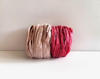 Wstążka jedwabna do sari – Wstążka jedwabna z recyklingu do sari – w kolorze różu vintage i arbuza, 5 jardów każda, łącznie 10 jardów