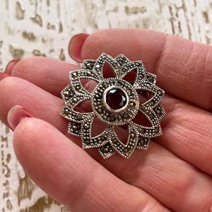 Vintage Sterling Marcasite Garnet Pin - Silver Marcasite & Red Garnet Brooch - Sterling Silver Marcasite Brooch