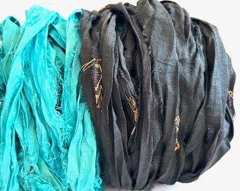 Recycled Sari Silk Ribbon - Black With Gold Embroidery & Turquoise Sari Silk, 5 Yds Each, 10 Yds Total