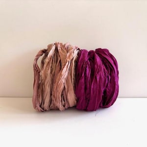 10 Yards Sari Silk Ribbon - Recycled Sari Silk Ribbon - Mauve and Magenta, 5 Yards Each