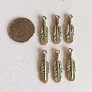 Small Feather Charms - (6) Golden Feather Charms With Green Patina - Jewelry Supplies