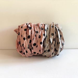Sari Silk Ribbon Yardage - Recycled Sari Silk Ribbon - Pink Mauve Dot & Mushroom Dot, 5 Yds Each Color, 10 Yds Total