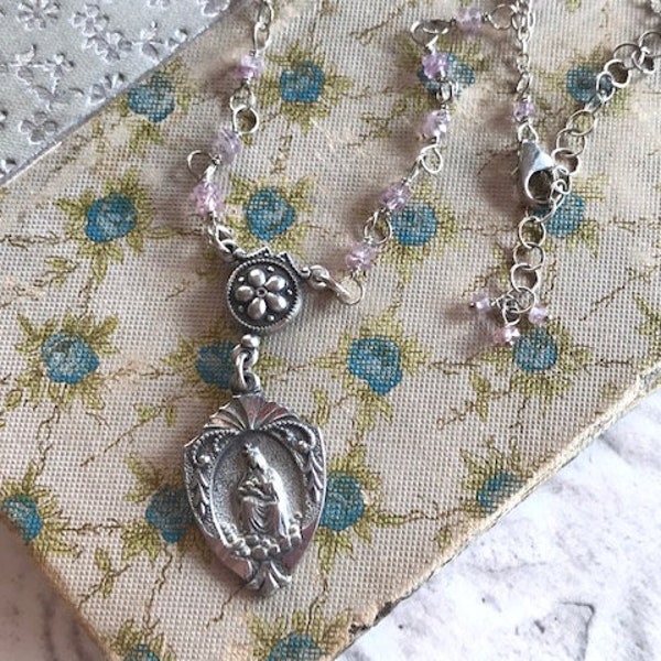 Pink Sapphire Rosary Chain Necklace - Our Lady of Laleche Catholic Pendant  - Rosary Chain Pendant Necklace