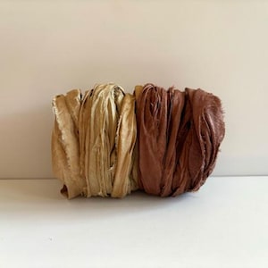 Silk Sari Ribbon - Recycled Sari Silk Ribbon - Khaki & Brown, 5 Yds Each, 10 Yds Total Journaling Ribbon