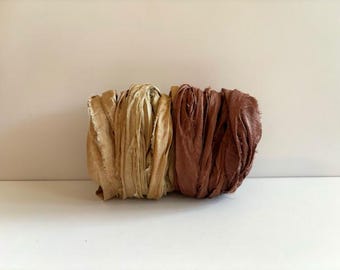 Silk Sari Ribbon - Recycled Sari Silk Ribbon - Khaki & Brown, 5 Yds Each, 10 Yds Total Journaling Ribbon